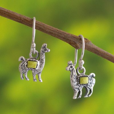 Serpentine dangle earrings, Andean Llama in Yellow