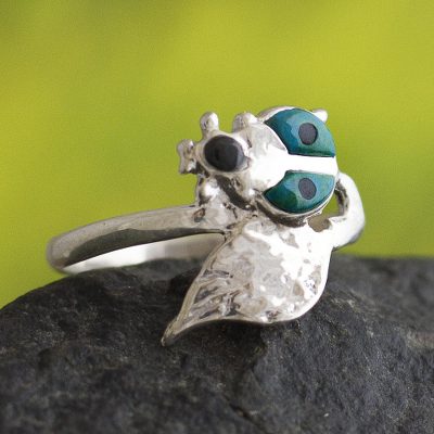 Chrysocolla and onyx cocktail ring, Ladybug Love