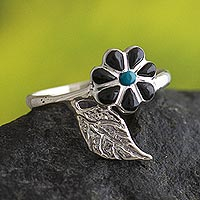 Chrysocolla and onyx cocktail ring, 'Flowers in the Sky' - Peruvian Chrysocolla and Onyx Flower Cocktail Ring
