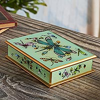Reverse-painted glass decorative box, 'Mint Green Dragonfly Days' - Andean Reverse-Painted Glass Dragonfly Box in Mint Green
