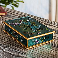 Reverse-painted glass decorative box, 'Emerald Green Dragonfly Days' - Andean Reverse-Painted Glass Dragonfly Box in Emerald Green