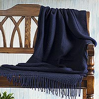 Acrylic and alpaca blend throw blanket, 'Intersections in Blue' - Fringed Blue Acrylic/Alpaca Throw Blanket
