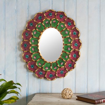 Reverse-painted glass wall mirror, Idyllic Garden in Magenta