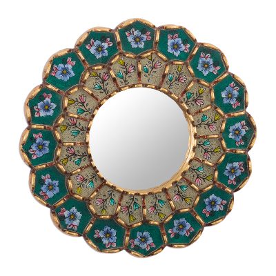 Reverse-painted glass wall mirror, 'Idyllic Emerald Garden' - Emerald Reverse-Painted Glass Wood Wall Mirror from Peru