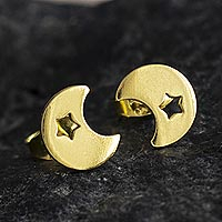 Gold-plated stud earrings, 'Glowing Night' - 18k Gold-plated Silver Star and Moon Stud Earrings from Peru