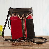 Leather sling, 'Cusco Llama' - Llama-Themed Red and Black Suede Leather Sling from Peru'