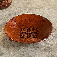 Tooled leather catchall, 'Colonial Florals' - Brown Hand Tooled Leather Catchall Plate from Peru