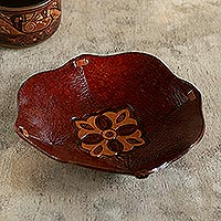 Tooled leather catchall, 'Mahogany Flower' - Hand Tooled Leather Catchall Plate from Peru