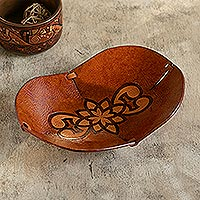 Leather catchall, 'Floral Illusion' - Hand Crafted Leather Catchall with Floral Design from Peru