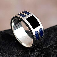 Men's sodalite and obsidian band ring, 'Nocturno' - Men's Sterling Silver, Obsidian and Sodalite Ring from Peru