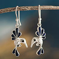 Lapis lazuli and onyx dangle earrings, 'Azure Hummingbirds' - Lapis Lazuli and Onyx Hummingbird Dangle Earrings from Peru