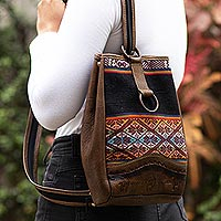 Leather and wool backpack, 'Inca Treasure' - Hand Loomed Wool and Leather Backpack