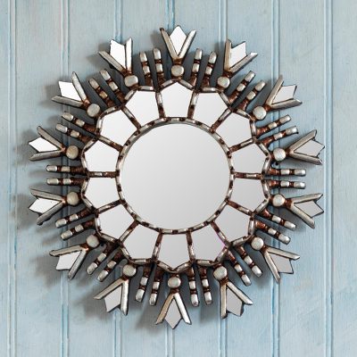 Wood and glass wall accent mirror, 'Silver Rays' - Hand Crafted Silver Wall Mirror