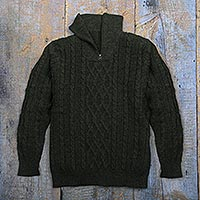 Men's 100% alpaca pullover sweater, 'Woodland Walk in Moss' - Men's Zip-Neck Alpaca Sweater