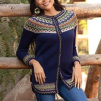 100% alpaca cardigan sweater, Blue Peru
