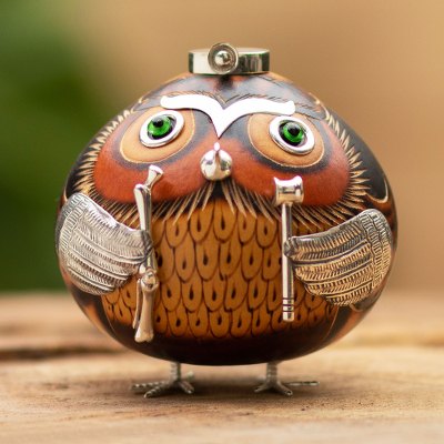 Sterling silver accented gourd figurine, 'Owl Traumatologist' - Dried Gourd Doctor Figurine