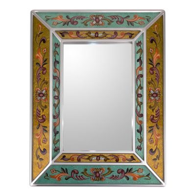 Reverse-painted glass wall mirror, 'In the Garden' - Mint and Antique Gold Wall Mirror