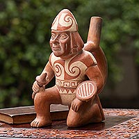 Ceramic vessel, 'Moche Soldier' - Peru Archaeology Terracotta Moche Warrior Replica Vessel