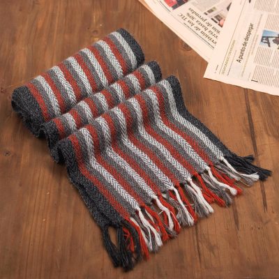 100% alpaca scarf, 'Tarma Sunset' - Hand Loomed Vermilion and Grey Scarf