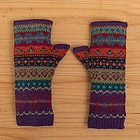 100% alpaca knit fingerless gloves, 'Jewel of the Andes' - Multicolored Fingerless 100% Alpaca Gloves