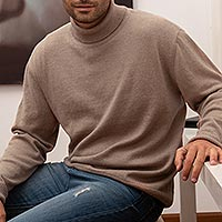 Men's baby alpaca and recycled PET blend turtleneck, 'Jersey Bisque' - Eco Friendly Jersey Knit Men's Turtleneck Pullover Sweater