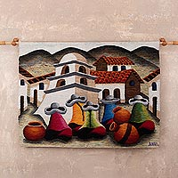 Wool tapestry, 'Gathering in the Andes' - Village Scene Wool Tapestry
