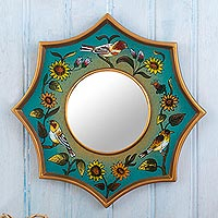 Reverse-painted glass wall accent mirror, 'Birds of Peru in Turquoise' - Turquoise Nature-Themed Accent Mirror