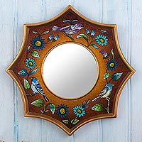 Reverse-painted glass wall accent mirror, 'Birds of Peru in Nutmeg' - Hand-Painted Wall Accent Mirror