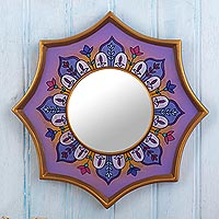Reverse-painted glass wall accent mirror, 'Colonial Crown in Purple' - Purple Reverse Painted Glass Mirror
