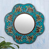 Reverse-painted glass wall mirror, 'Colonial Quatrefoil' - Artisan Crafted Glass Wall Mirror