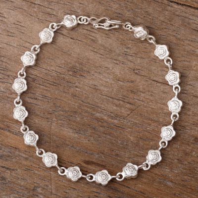 Sterling silver link bracelet, 'Endless Roses' - Rose Motif Sterling Silver Bracelet