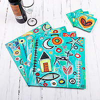 Hand-painted placemats and coasters, 'Imagine your Universe' (set for 4) - Modern Hand-painted Placemats and Coasters (Set for 4)