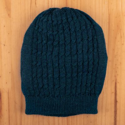 100% baby alpaca hat, 'Teal Twist' - Knit Baby Alpaca Hat in Teal