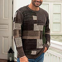 Men's 100% alpaca pullover sweater, 'Peruvian Patches' - Men's Olive Green and Brown Alpaca Pullover Sweater