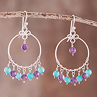 Amethyst and quartz chandelier earrings, 'Enchanted Moment' - Beaded 950 Silver Chandelier Earrings