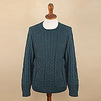 Men's 100% alpaca pullover sweater, 'Teal Geometry' - Men's 100% Alpaca Teal Pullover Sweater From Peru