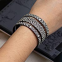 Natural fiber cuff bracelet, 'Time Beyond' - Black and Ivory Cuff Bracelet