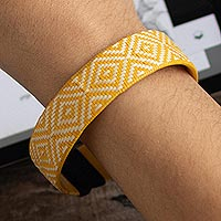 Natural fiber cuff bracelet, 'Brilliant Sunshine' - Yellow and White Woven Bracelet