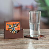 Painted glass coasters, 'Morning Flowers' (set of 4) - Artisan Crafted Glass and Wood Coasters (Set of 4)