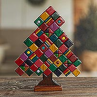 Wood sculpture, 'Gift Tree' - Multicolored Christmas Tree Sculpture