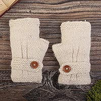 100% alpaca fingerless mittens, 'Buttoned Warmth' - Ivory 100% Undyed Alpaca Fingerless Mitts from Peru