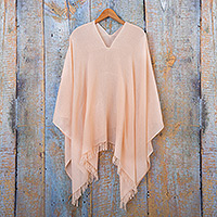 Cotton poncho, 'Pink Cream' - Cotton Pale Peach Handwoven Fringed Poncho from Peru
