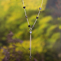 Hematite Y-necklace, 'Little Black Hearts' - Hematite Hearts and Fine Silver Chain Necklace from Peru