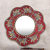 Reverse painted glass wall mirror, 'Red Cajamarca Blossom' - Reverse Painted Glass Wall Mirror with Flowers on Red