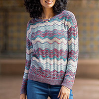 Cotton pullover sweater, 'Color Waves' - Pointelle Knit Cotton Sweater