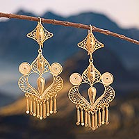 Gold plated filigree earrings, 'Marinera Dance' - 18k Gold Plated Filigree Earrings with Waterfall Accent