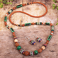 Ceramic beaded jewelry set, 'Green Mountains' - Ceramic Beaded Necklace and Earring Set in Earth Colors