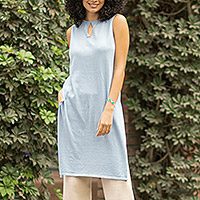 Cotton and baby alpaca blend tunic, 'Crystal Harbor' - Sleeveless Long Cotton Blend Tunic