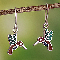 Multi-gemstone dangle earrings, ‘Hummingbird Joy’ - 950 Sterling Silver Hummingbird Dangle Earrings from Peru