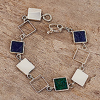 Sodalite and chrysocolla link bracelet, ‘Shades of Diamonds’ - Sodalite and Chrysocolla Sterling Silver Link Bracelet